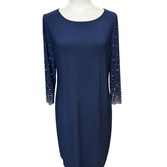 MSK Dresses & Skirts - MSK Navy Long Sleeve Sheath Dress with Beaded and Pearl Sleeves